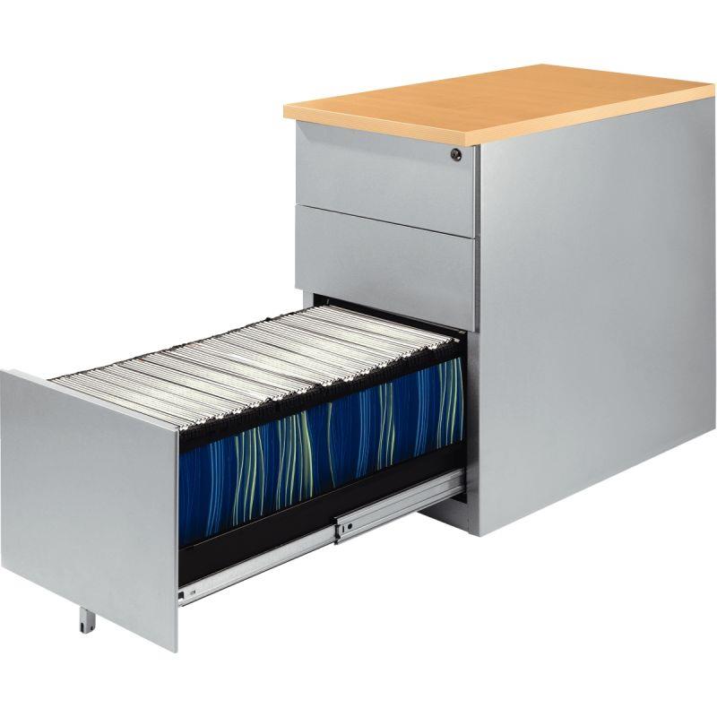Image de  Caisson métal dessus mélamine 3 tiroirs hauteur bureau P60cm plateau hêtre clair/corps alu 
