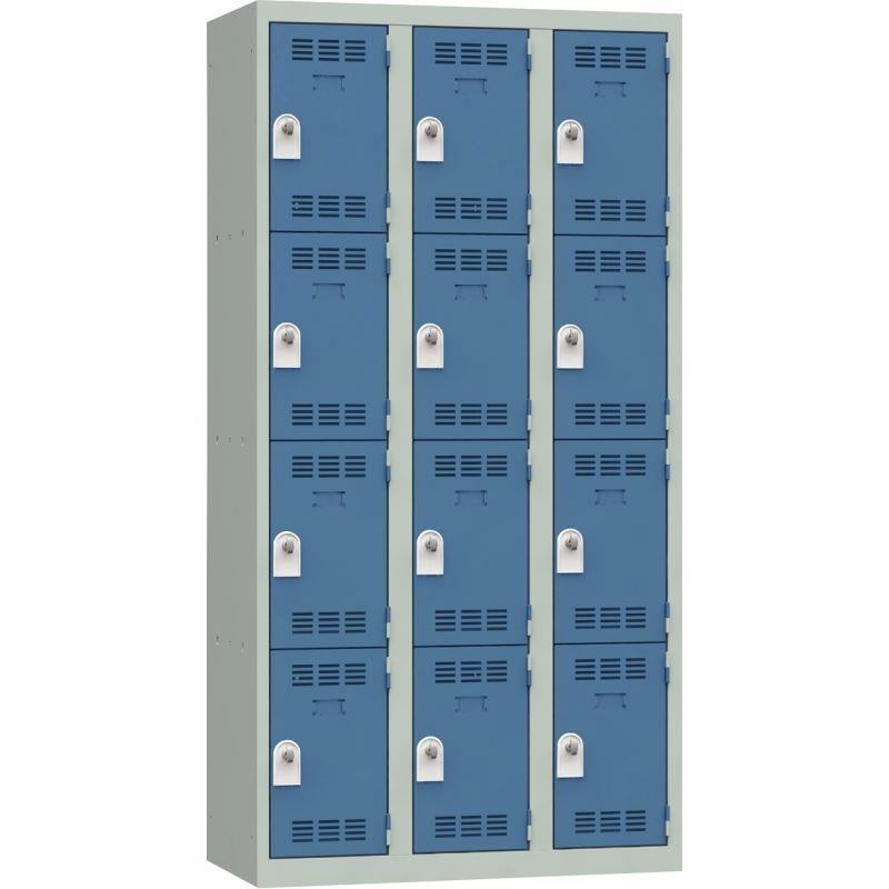 Image de  Vestiaire d''atelier 3 colonnes 12 cases industrie propre L90cm portes bleu/corps gris 