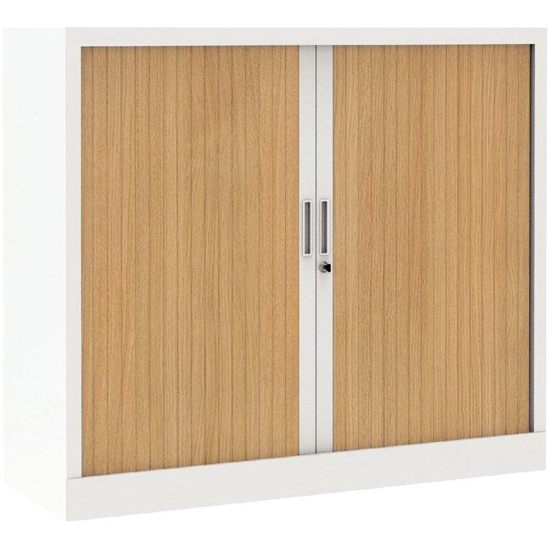 Ref. 97099, Armoire à rideaux monobloc basse H105cm corps blanc/rideaux chêne naturel, marque N.C