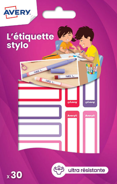 Image de  Paquet de 30 étiquettes stylos 50x10 mm rose/violet 