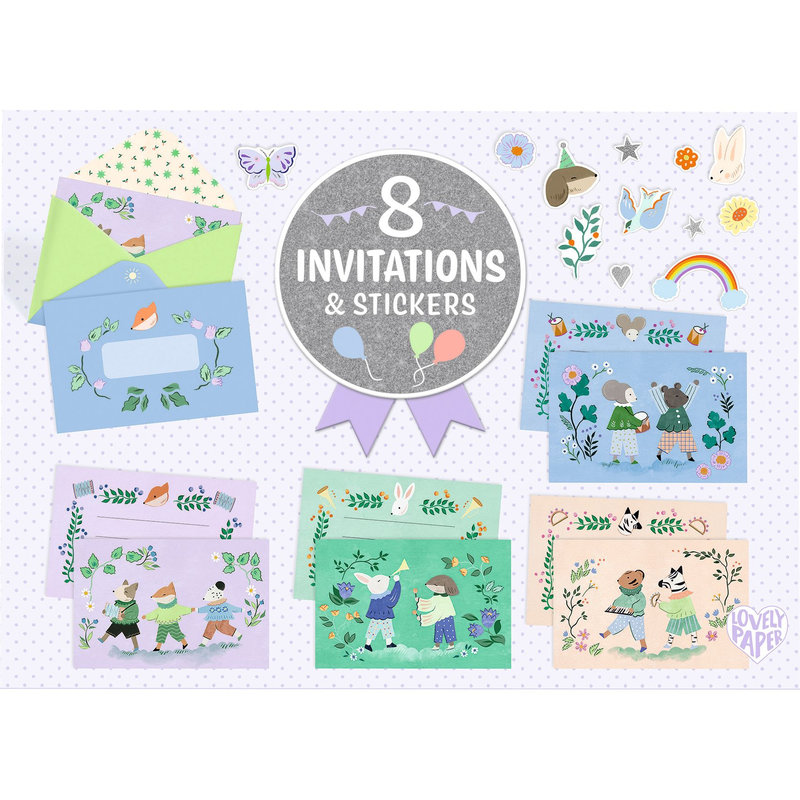 Ref. DJEDD03490, 8 cartes d'invitation fanfare des animaux, marque DJECO