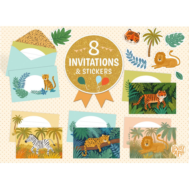Ref. DJEDD03491, 8 cartes d'invitation animaux de la jungle, marque DJECO
