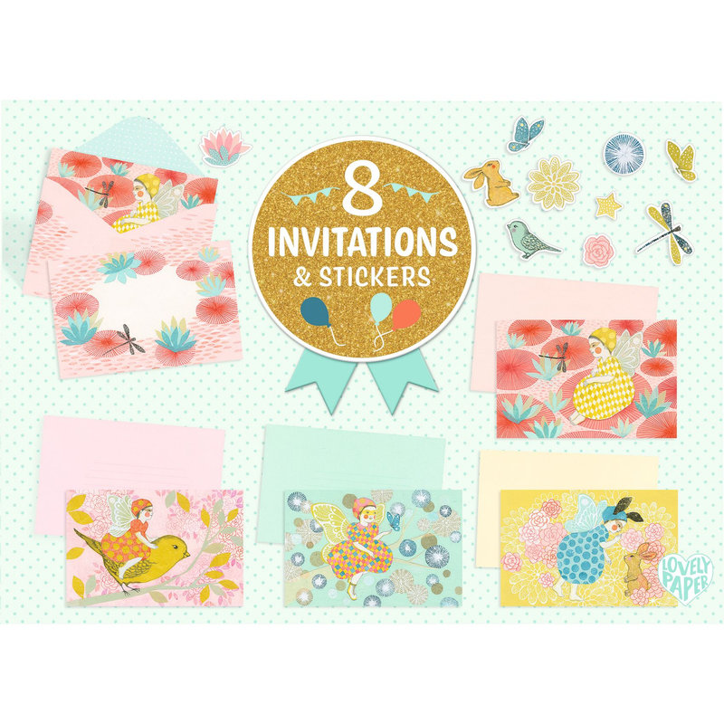 Ref. DJEDD03492, 8 cartes d'invitation fées d'un jour, marque DJECO