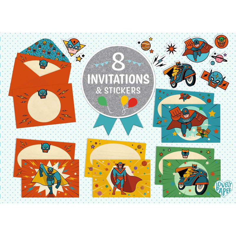 Ref. DJEDD03496, 8 cartes d'invitation pow ! bang !, marque DJECO