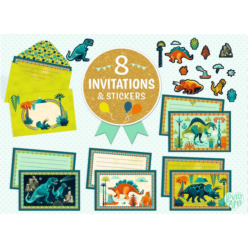 Ref. DJEDD03497, 8 cartes d'invitation cric croc dino rock!, marque DJECO