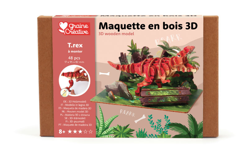 Ref. GRA651056, Maquette 3D bois tyranosaure, Rouge, marque GRAINE CREATIVE