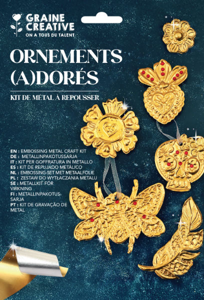 Ref. GRA700451, Kit metal à repousser ornements dorés, marque GRAINE CREATIVE