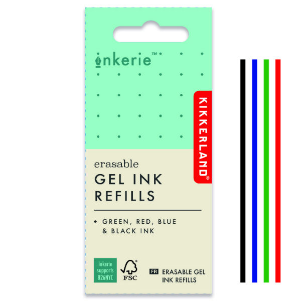 Ref. KIKINK27RE, 4 recharges encre gel effaçable, Assorties, marque KIKKERLAND