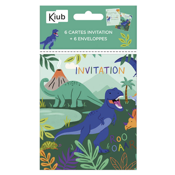 Ref. KIUPACKINV302, Pack 6 cartes et env Invitation dinosaures, marque KIUB
