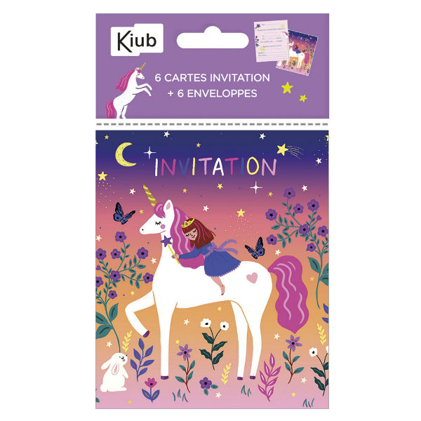 Ref. KIUPACKINV306, Pack 6 cartes et env Invitation licorne, marque KIUB