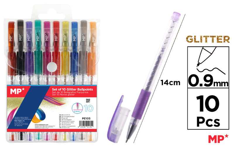 Ref. MALPE105, Poch 10 stylos paillettes, Assorties, marque MP