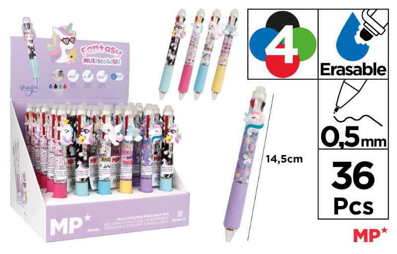 Ref. MALPE18401, Stylo 4 couleurs effaçable licorne, Assorties, marque MP