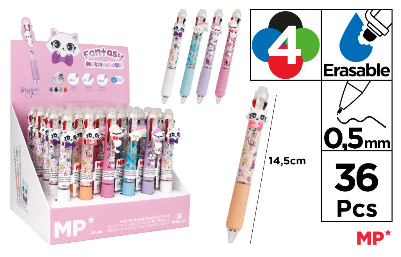 Ref. MALPE18402, Stylo 4 couleurs effaçable chats, Assorties, marque MP