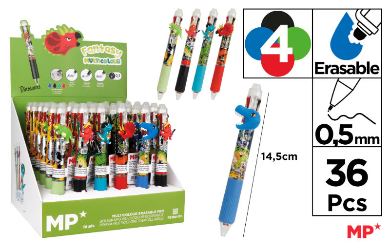 Ref. MALPE18403, Stylo 4 couleurs effaçable dinosaures, Assorties, marque MP