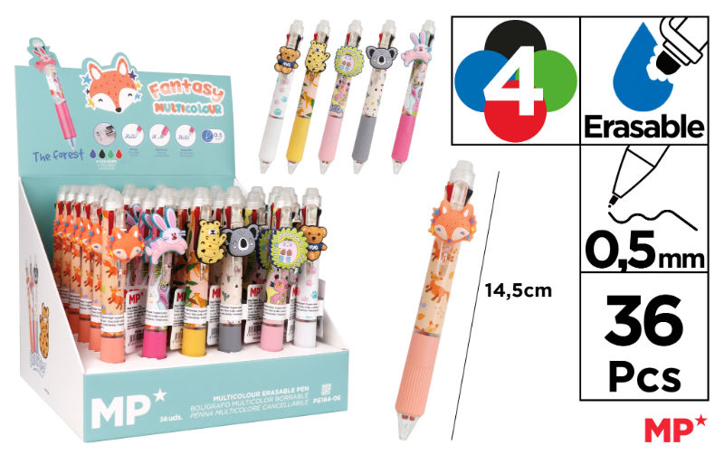 Ref. MALPE18406, Stylo 4 couleurs effaçable animaux, Assorties, marque MP