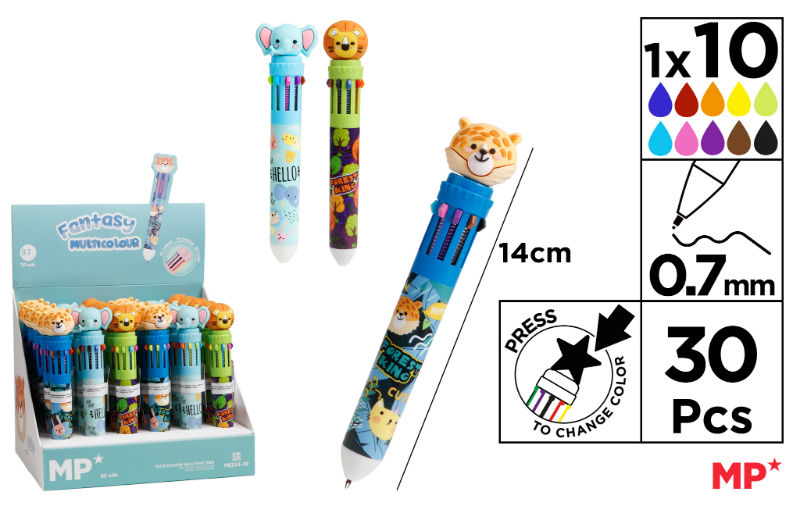Ref. MALPE25339, Stylo à bille 10 couleurs animaux de la savane, Assorties, marque MP