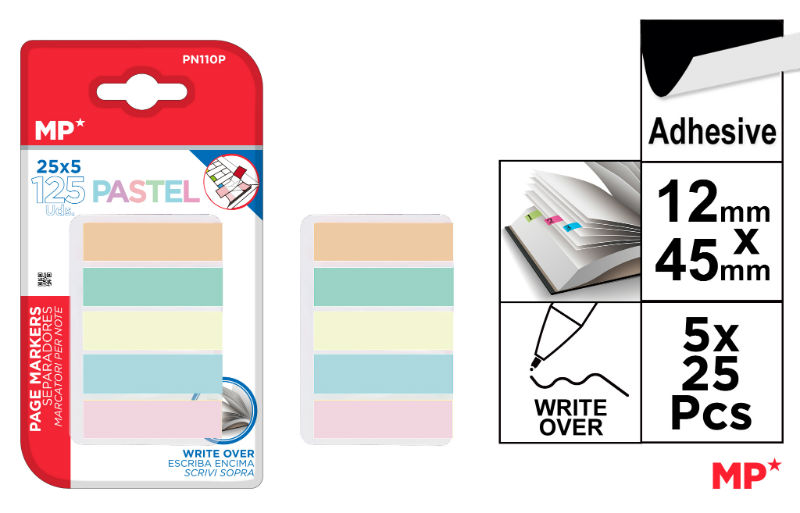 Ref. MALPN110P, Index adhésifs 12x45 mm pastels, Assorties, marque MP