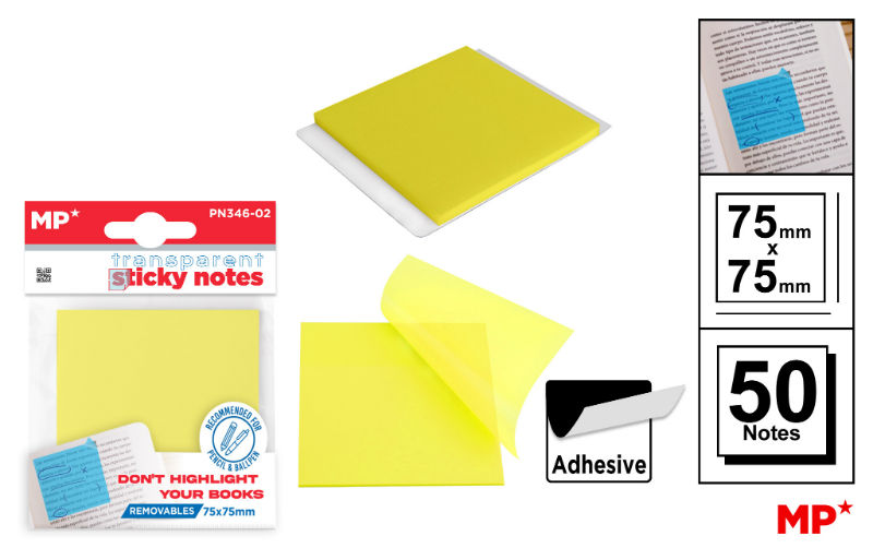Ref. MALPN34602, Notes adhésives transparentes 75x75mm 50f jaune, Assorties, marque MP