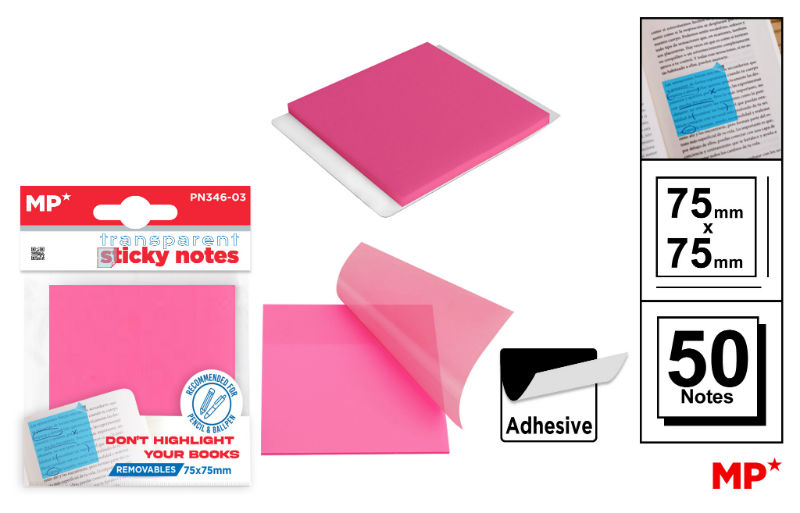 Ref. MALPN34603, Notes adhésives transparentes 75x75mm 50f rose, Assorties, marque MP