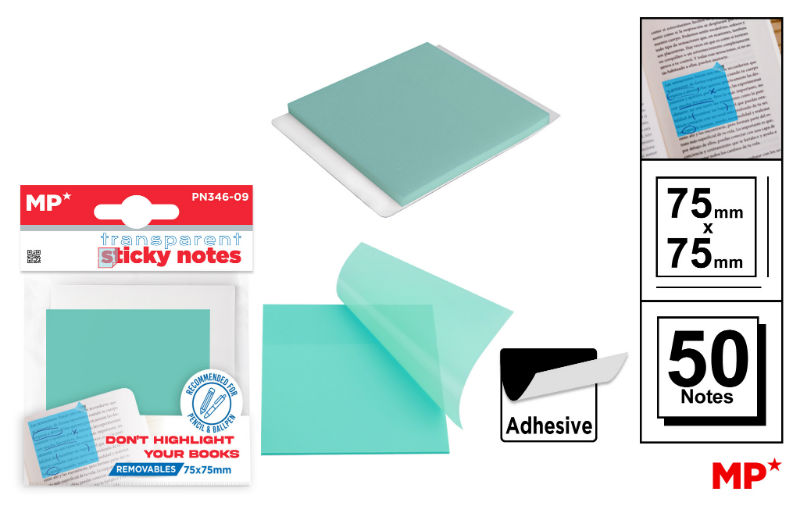 Ref. MALPN34609, Notes adhésives transparentes 75x75mm 50f bleu, Assorties, marque MP