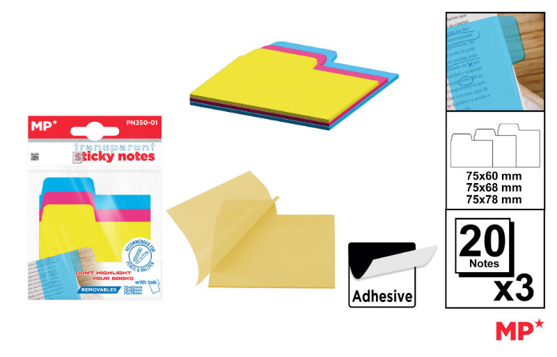 Ref. MALPN35001, Notes adhesives transparentes 75x60mm vives, Assorties, marque MP