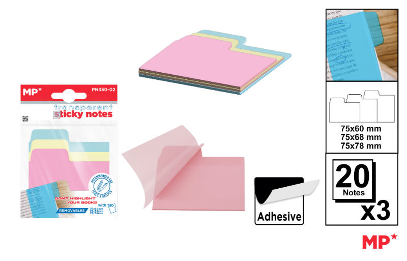 Ref. MALPN35002, Notes adhesives transparentes 75x60mm pastels, Assorties, marque MP