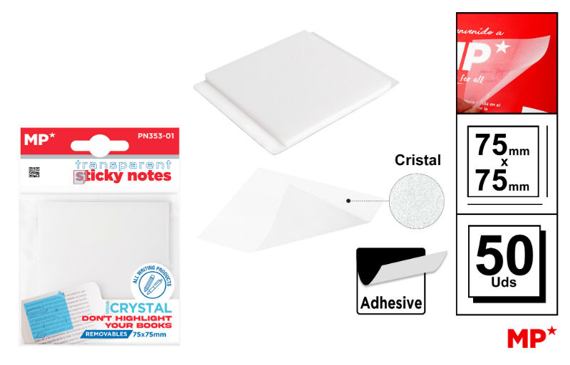Ref. MALPN35301, Notes adhésives transparentes 75x75mm 50f, Assorties, marque MP