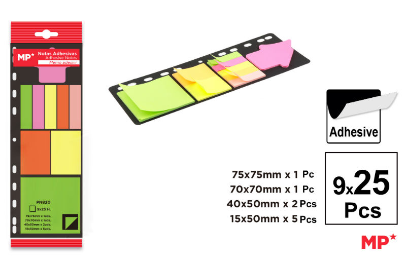 Ref. MALPN820, Marque-pages et notes adhésifs 9 x 25f, Assorties, marque MP