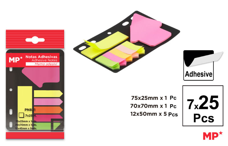 Ref. MALPN821, Marque-pages et notes adhésifs 7 x 25f, Assorties, marque MP