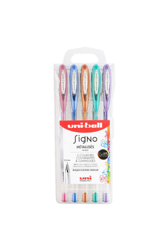 Ref. MITUM120NM5, Pochette de 5 stylos bille Signo encre gel métallisée assorties (violet - rose - bleu - bronze - vert), Assorties, marque UNIBALL