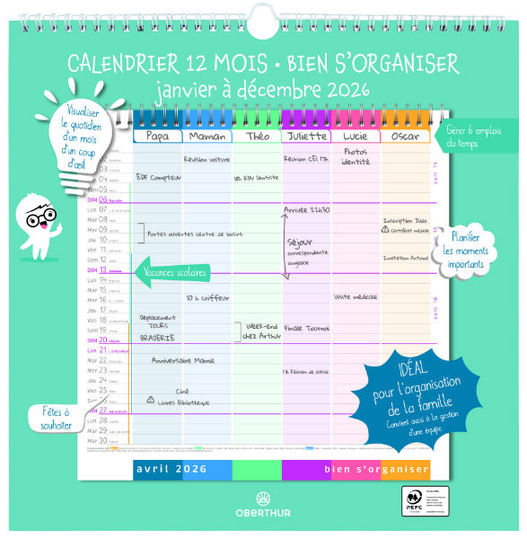Ref. OBE904070, Calendrier mensuel bien s'organiser 2026, Assorties, marque OBERTHUR
