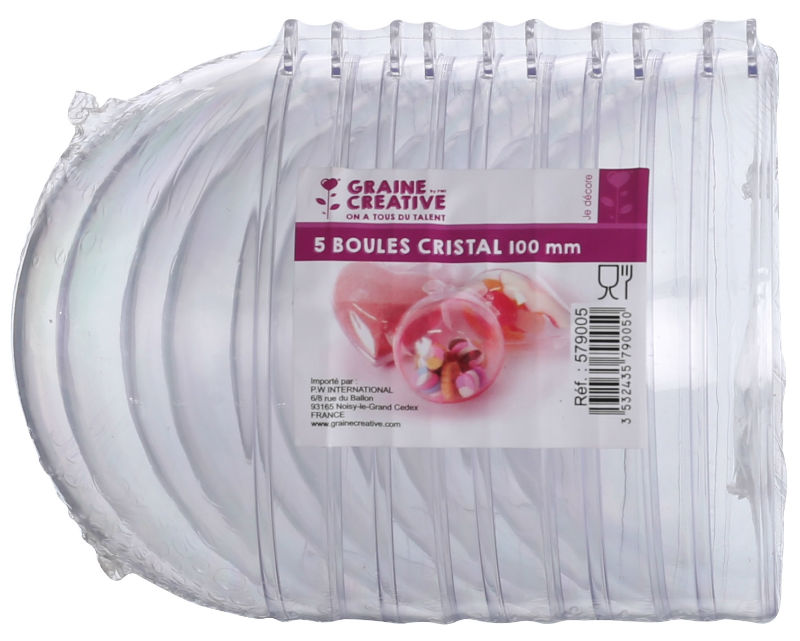 Ref. PW579005, Lot 5 boules plastique cristal 100mm, marque GRAINE CREATIVE