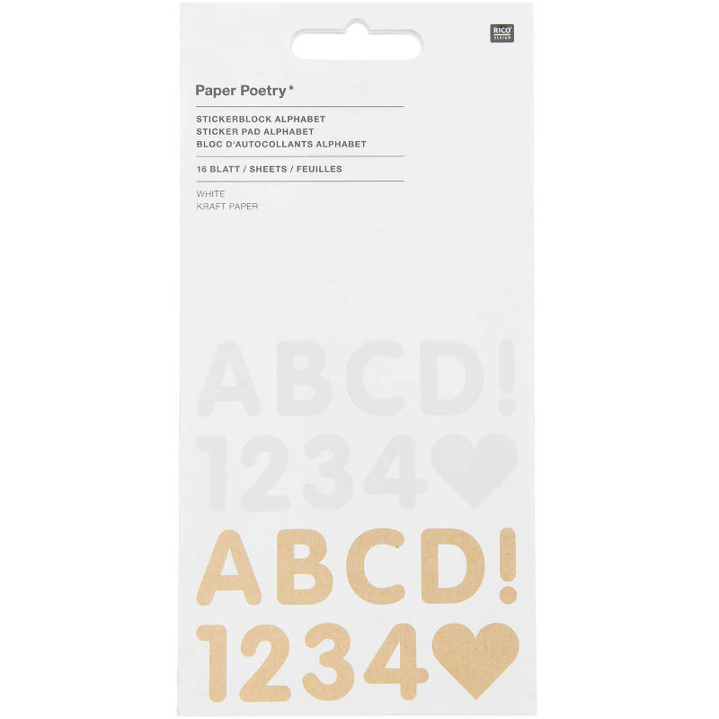 Ref. RIC300541, Bloc de stickers alphabet blanc kraft, Assorties, marque RICO DESIGN
