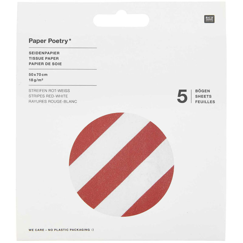 Ref. RIC400356, Paquet 5 feuilles de papier de soie à rayures rge-blc, Rouge, marque RICO DESIGN