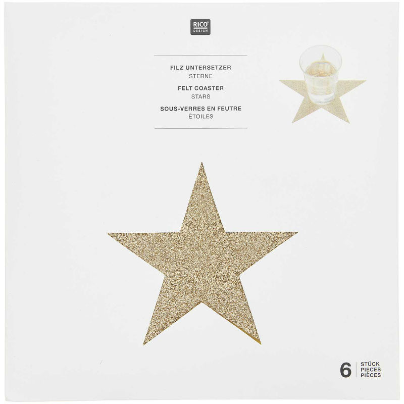 Ref. RIC500305, Set 6 sous-verres en feutre étoiles d'or, Or/Argent, marque RICO DESIGN