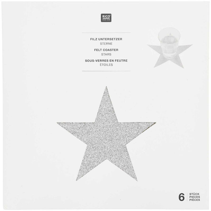 Ref. RIC500306, Set 6 sous-verres en feutre étoiles d'argent, Or/Argent, marque RICO DESIGN