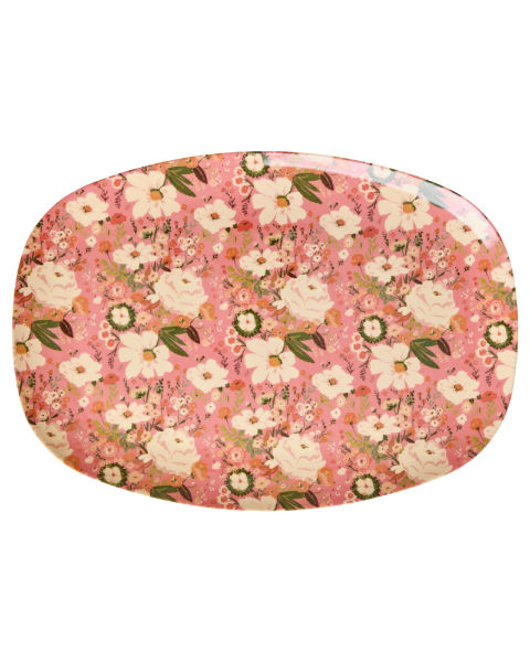 Image de  Grande assiette rectangulaire corail imprimé fleurs 