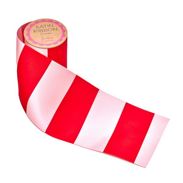 Ref. RICWRRIBLSAIR, Grand ruban satin 3M à rayures roses & rouges, marque RICE