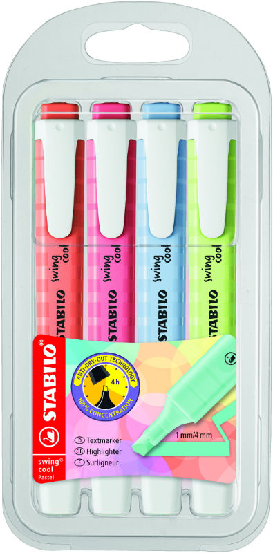 Image de  Pochette de 4 surligneurs Swing Cool pastel :  citron vert, rose, bleu, corail 